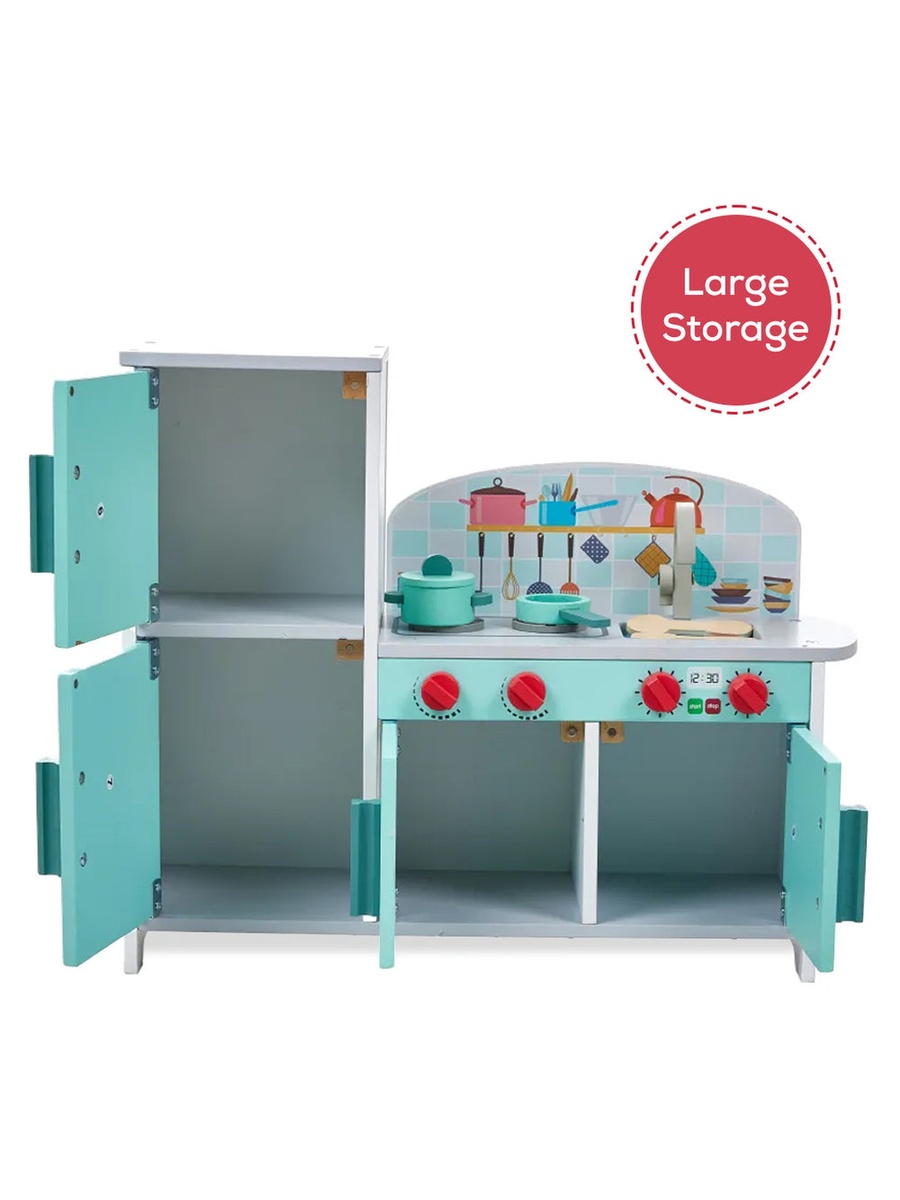 Wooden Kitchen with Refrigerator and Accessories - Teal