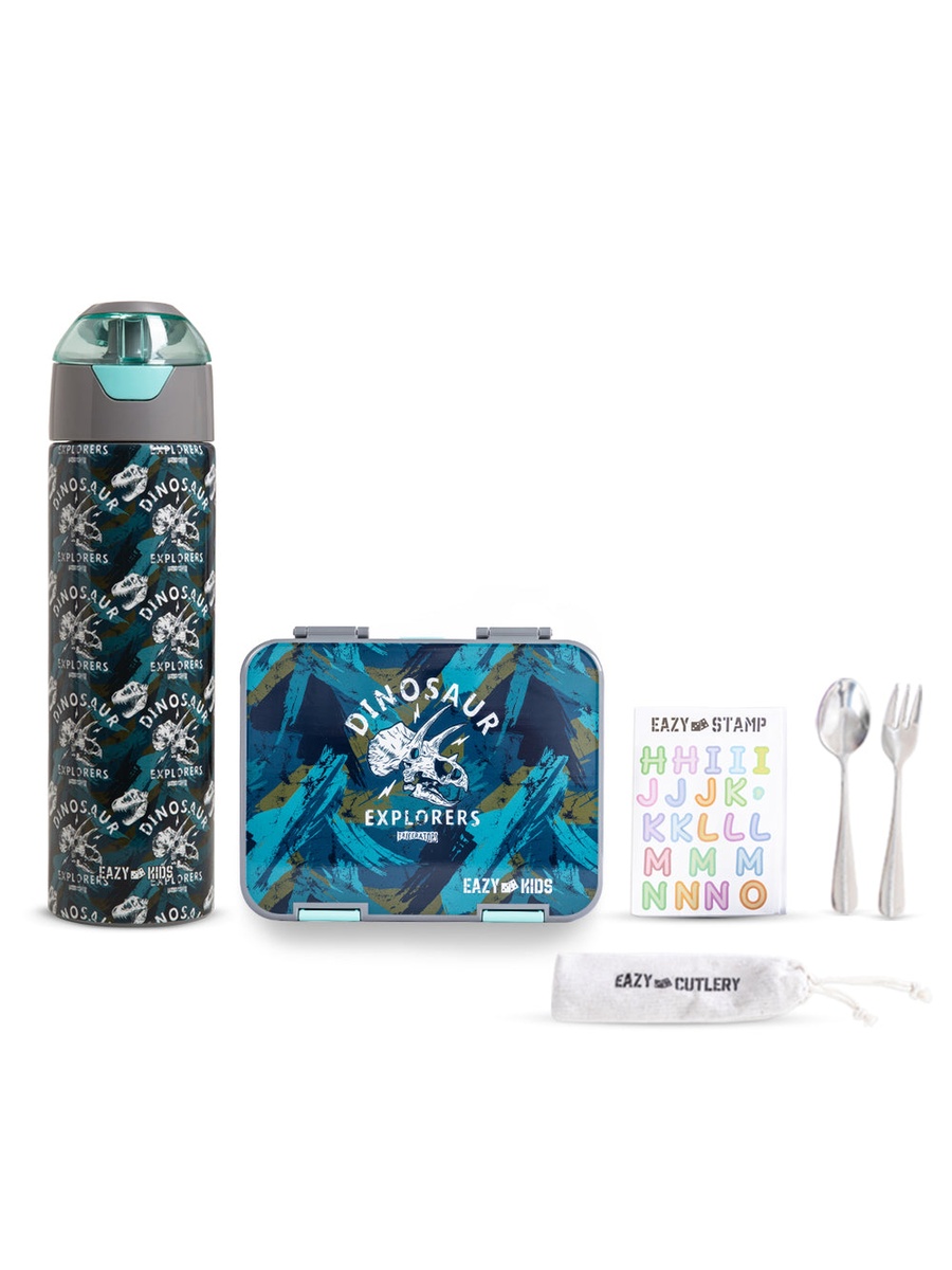 6 and 4 Convertible Bento Lunch Box with Water Bottle, Steel Spoon, Fork Set and Alphabets Sticker - T-Rex Grey