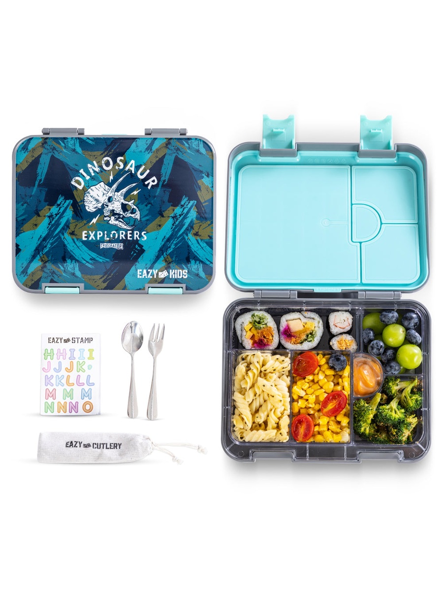 6 and 4 Convertible Bento Lunch Box with Water Bottle, Steel Spoon, Fork Set and Alphabets Sticker - T-Rex Grey