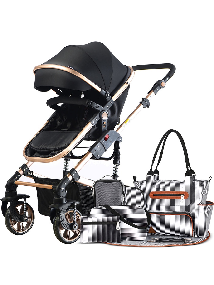 3 in 1 Pram Stroller and Diaper Bag Bundle - Black