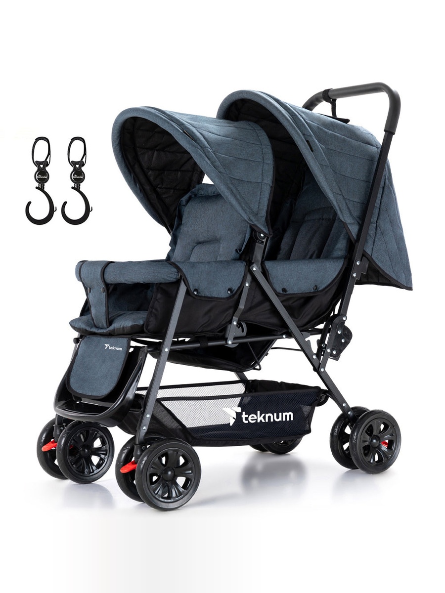 Double Baby Stroller with Hooks - Grey