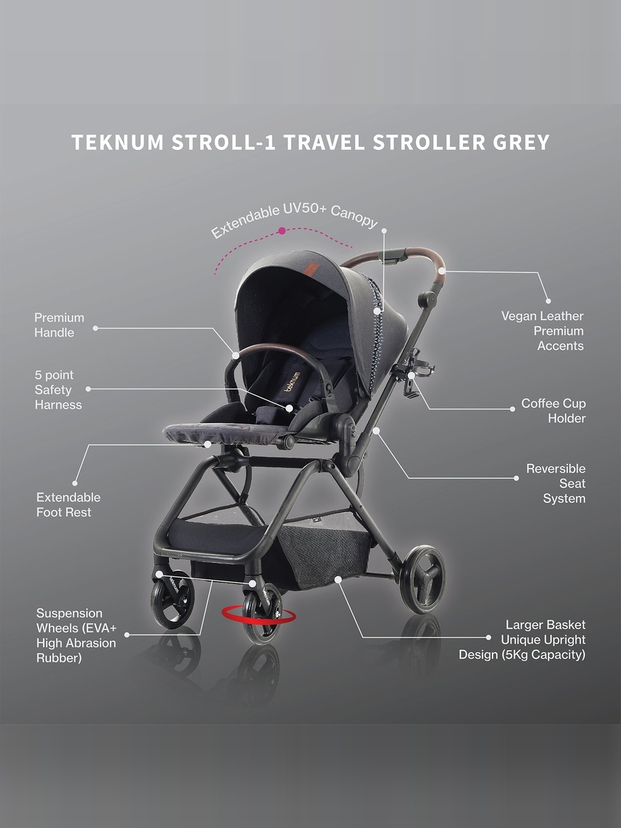 STROLL-1 Travel System with Reversible Stroller and Baby Car Seat - Grey