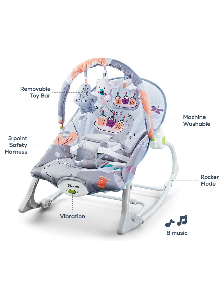 3In1 Rocker/Baby Seat/Recliner with Soothing Music - Party Grey 