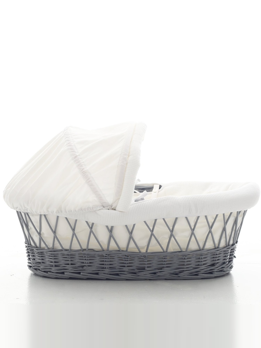 Infant Wicker Moses Basket with White Waffle Beddings - Wooden Grey 