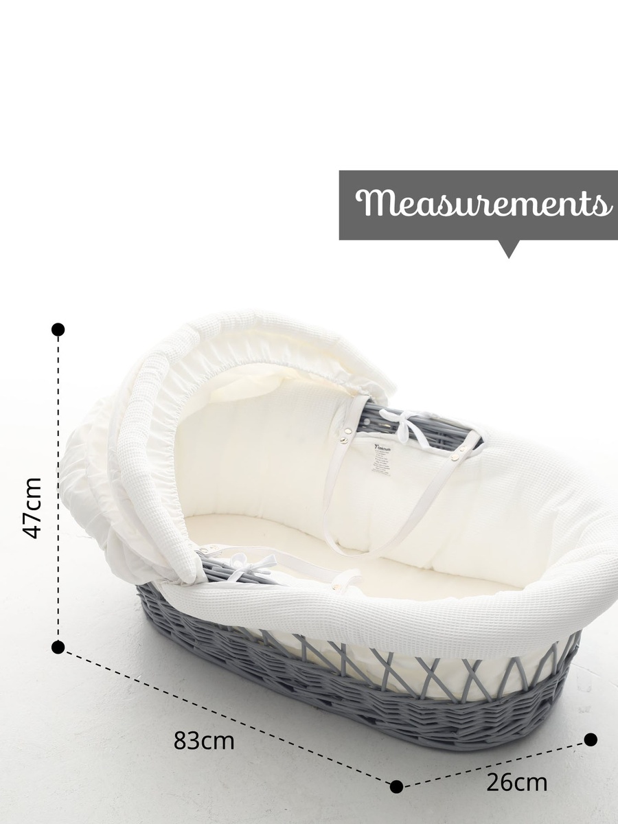 Infant Wicker Moses Basket with White Waffle Beddings - Wooden Grey 