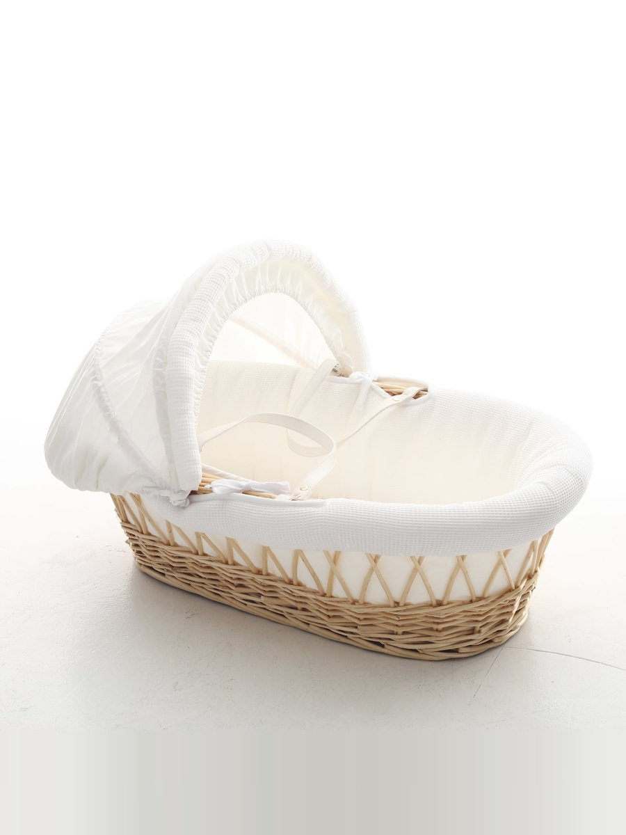 Infant Wicker Moses Basket with White Waffle Beddings - Wooden Brown