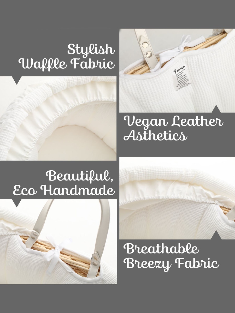 Infant Wicker Moses Basket with White Waffle Beddings - Wooden Brown