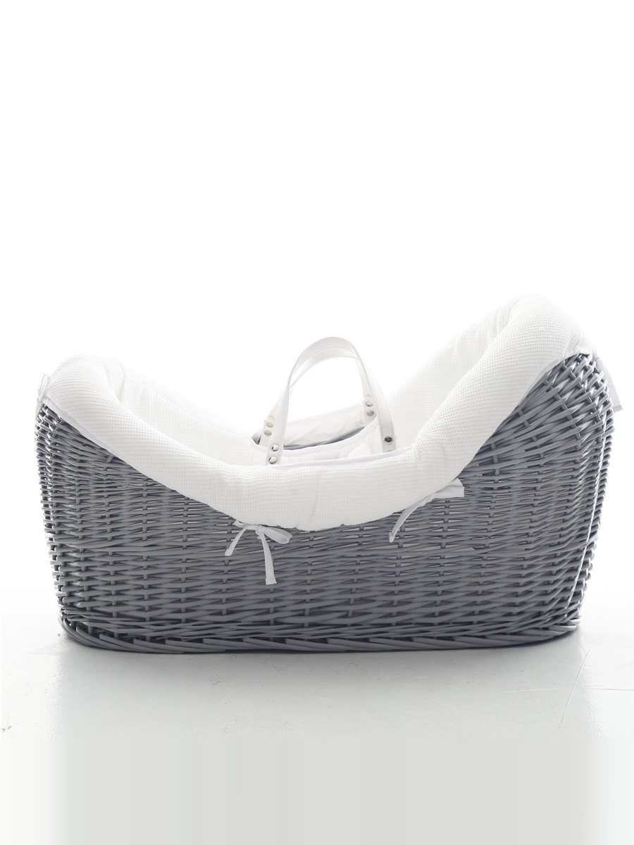 Infant Wicker Pod Moses Basket with White Waffle Beddings - Wooden Grey 