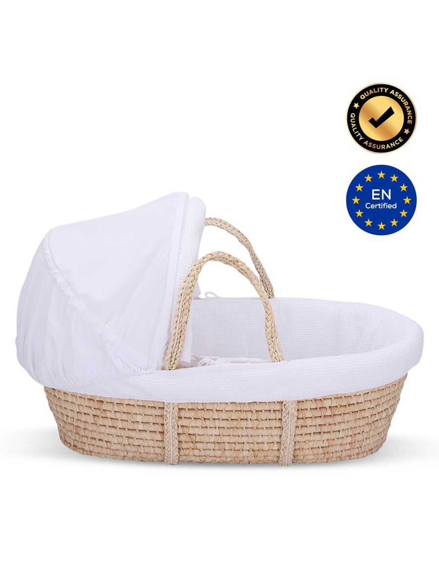 Moses Basket with Waffle Beddings and Mattress - Wooden Brown