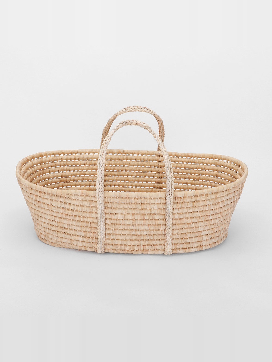 Moses Basket with Waffle Beddings and Mattress - Wooden Brown