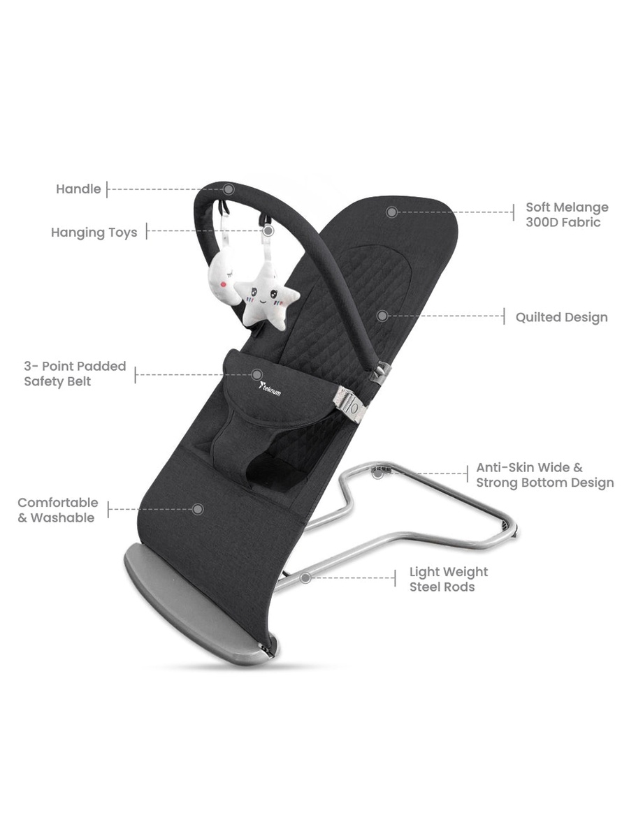 كرسي أطفال هزاز ومستلقٍ بثلاث مراحل باللون الأسود
