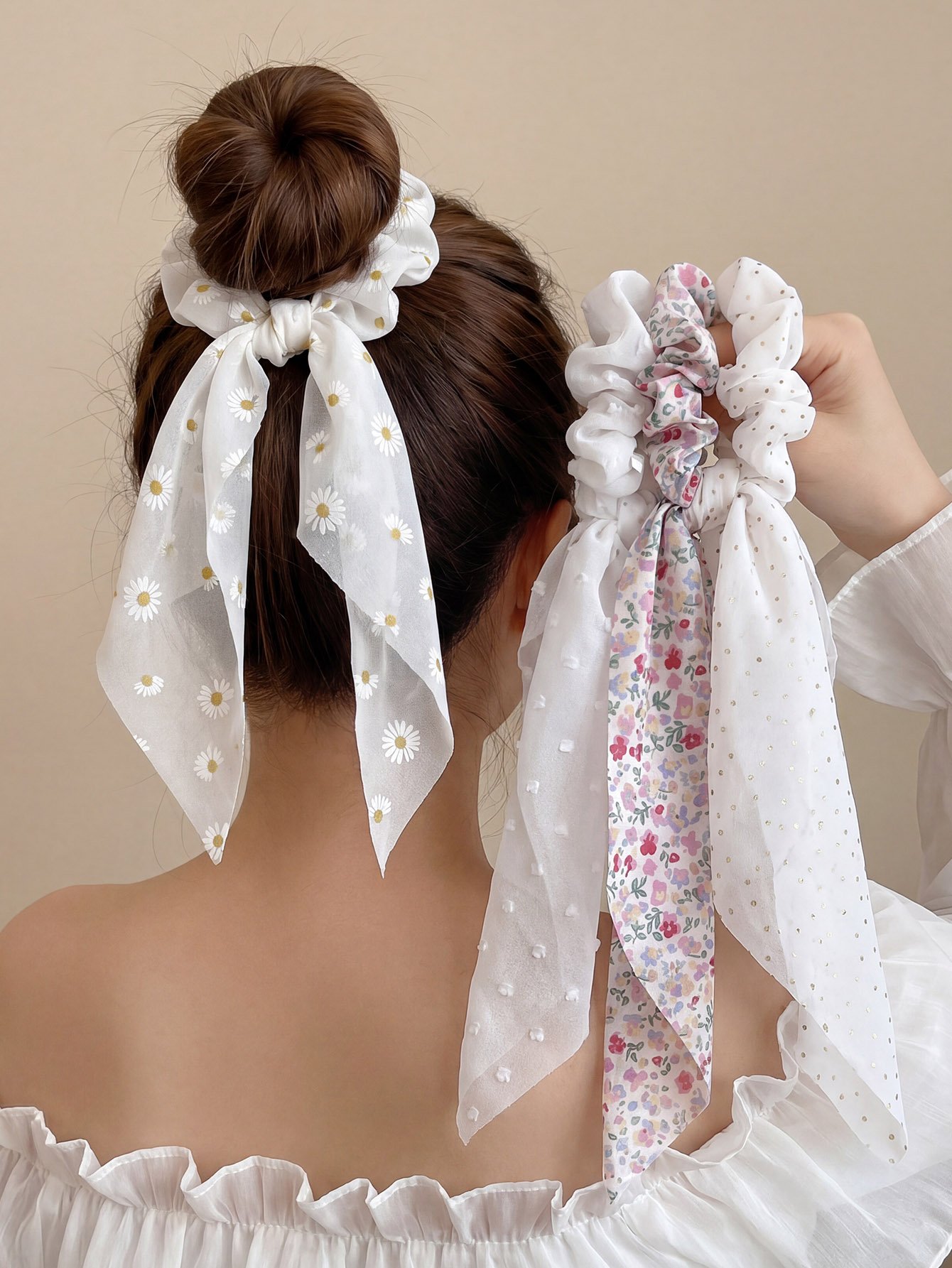 Pack of 4 - Girls Multi-Color Daisy Chiffon Bow Scrunchies
