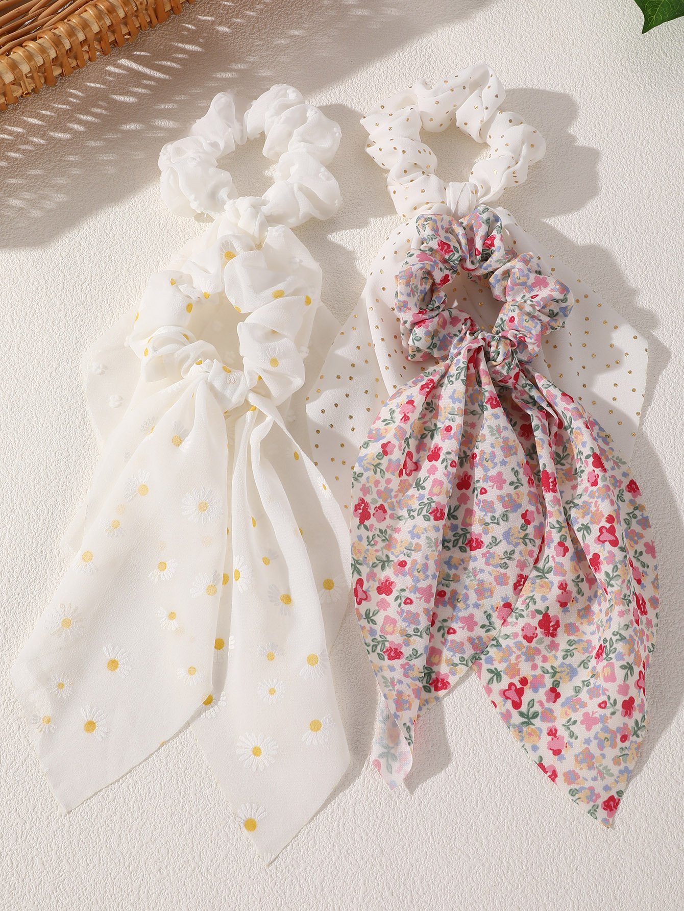 Pack of 4 - Girls Multi-Color Daisy Chiffon Bow Scrunchies