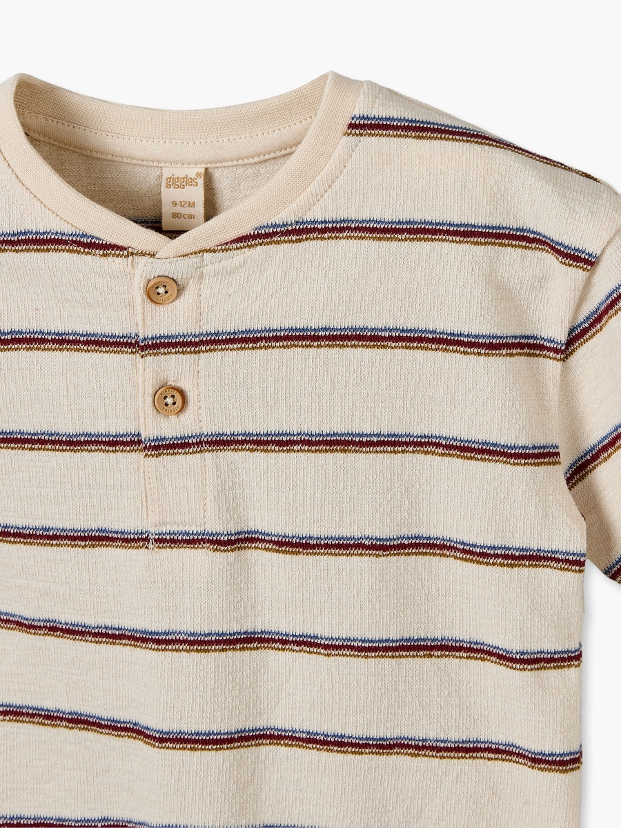 Henley Neck Short Sleeves T-Shirt with Striped Design