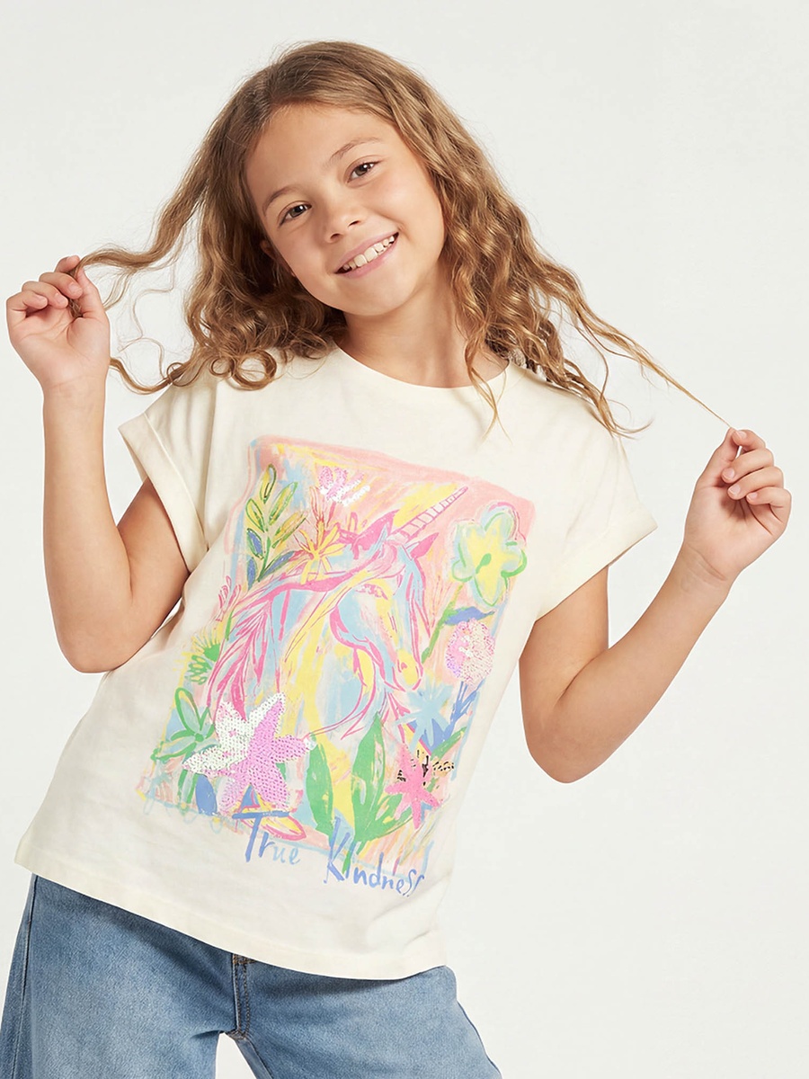 Crew Neck Short Sleeves T-Shirt with Unicorn Print
