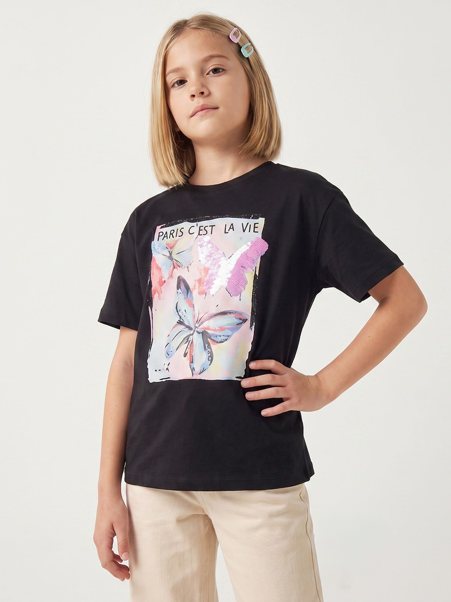 Round Neck Short Sleeves T-Shirt with Sequin Embellishment