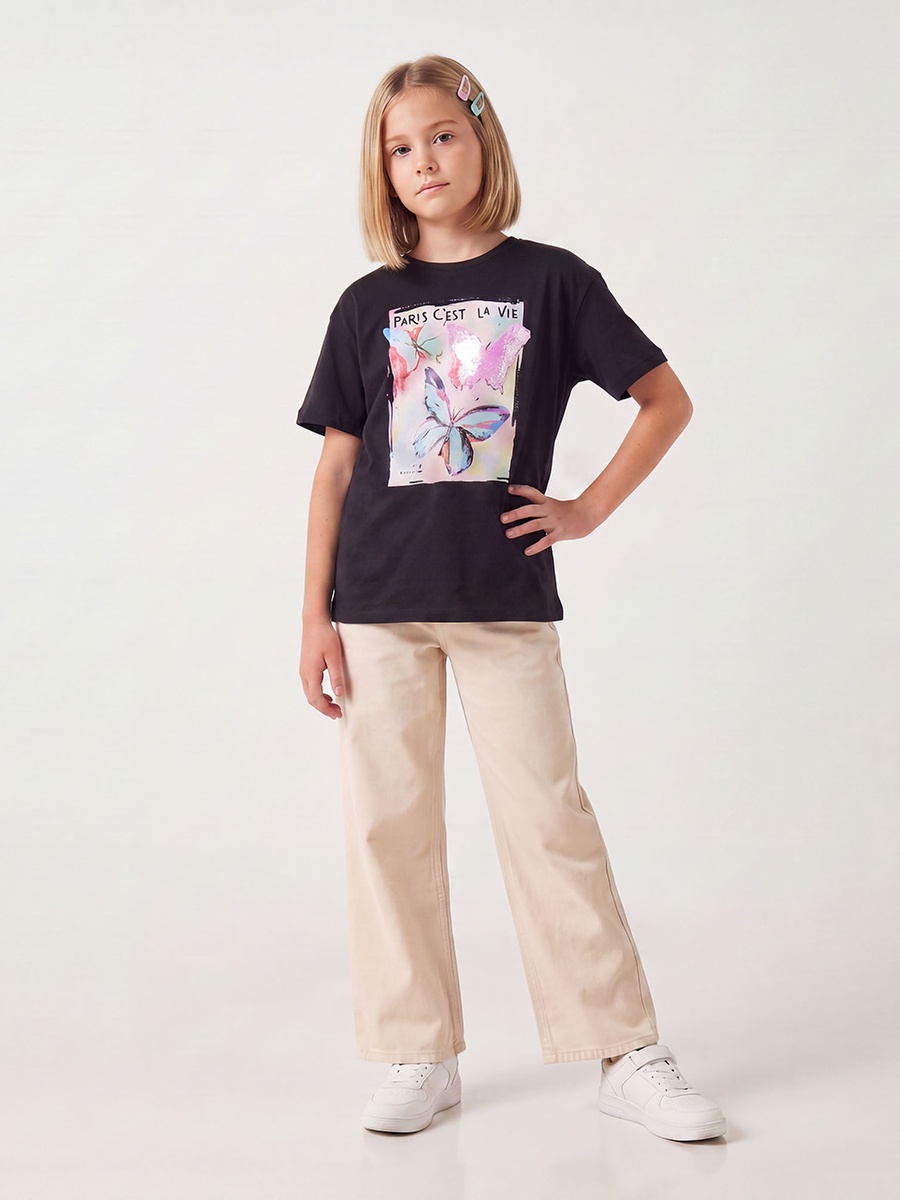 Round Neck Short Sleeves T-Shirt with Sequin Embellishment
