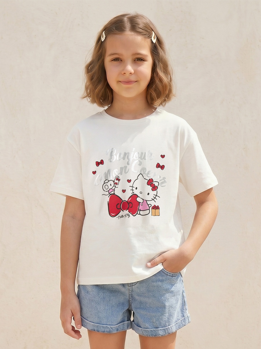 Round Neck Short Sleeves T-Shirt with Stitch Print