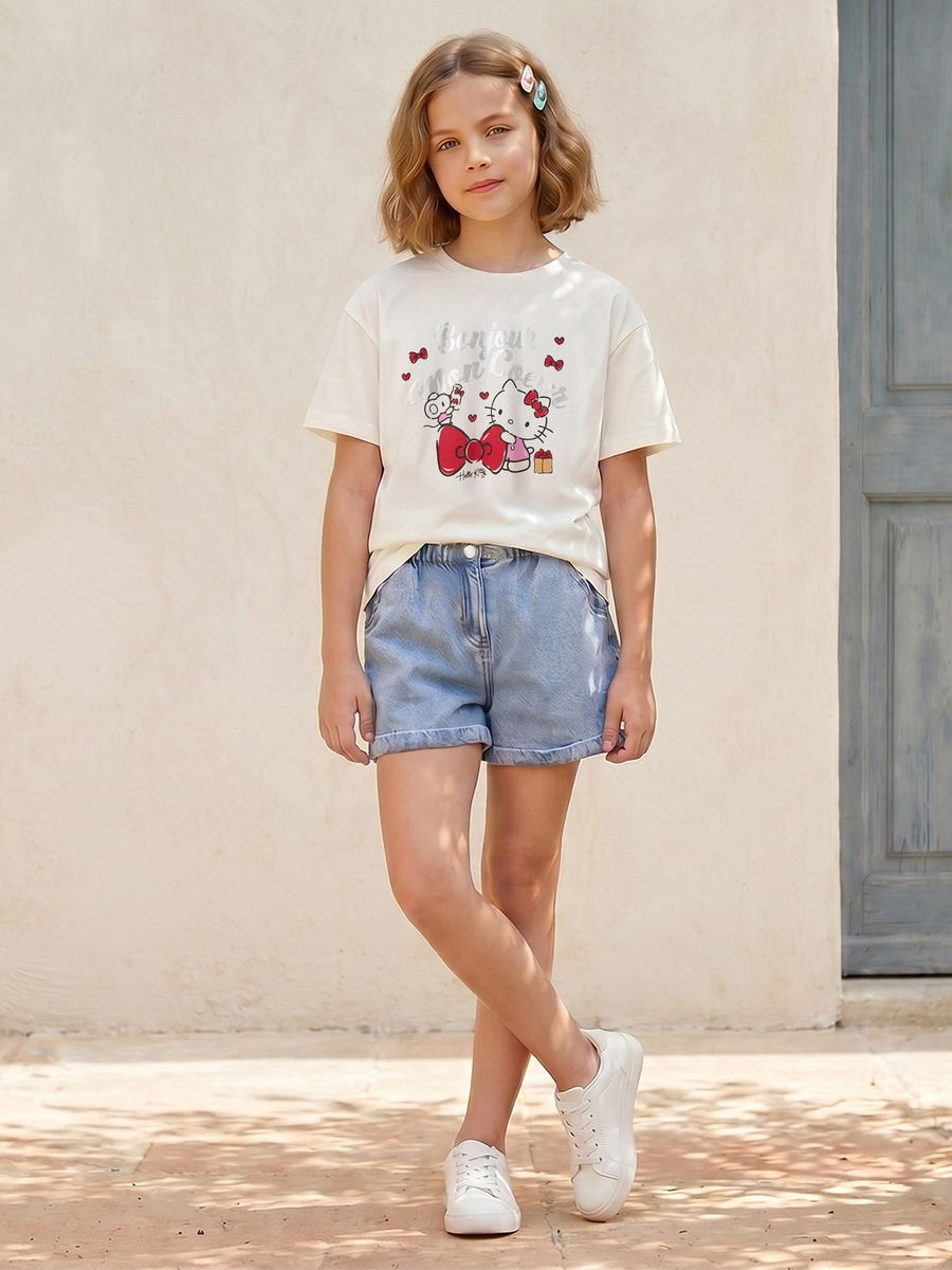 Round Neck Short Sleeves T-Shirt with Stitch Print
