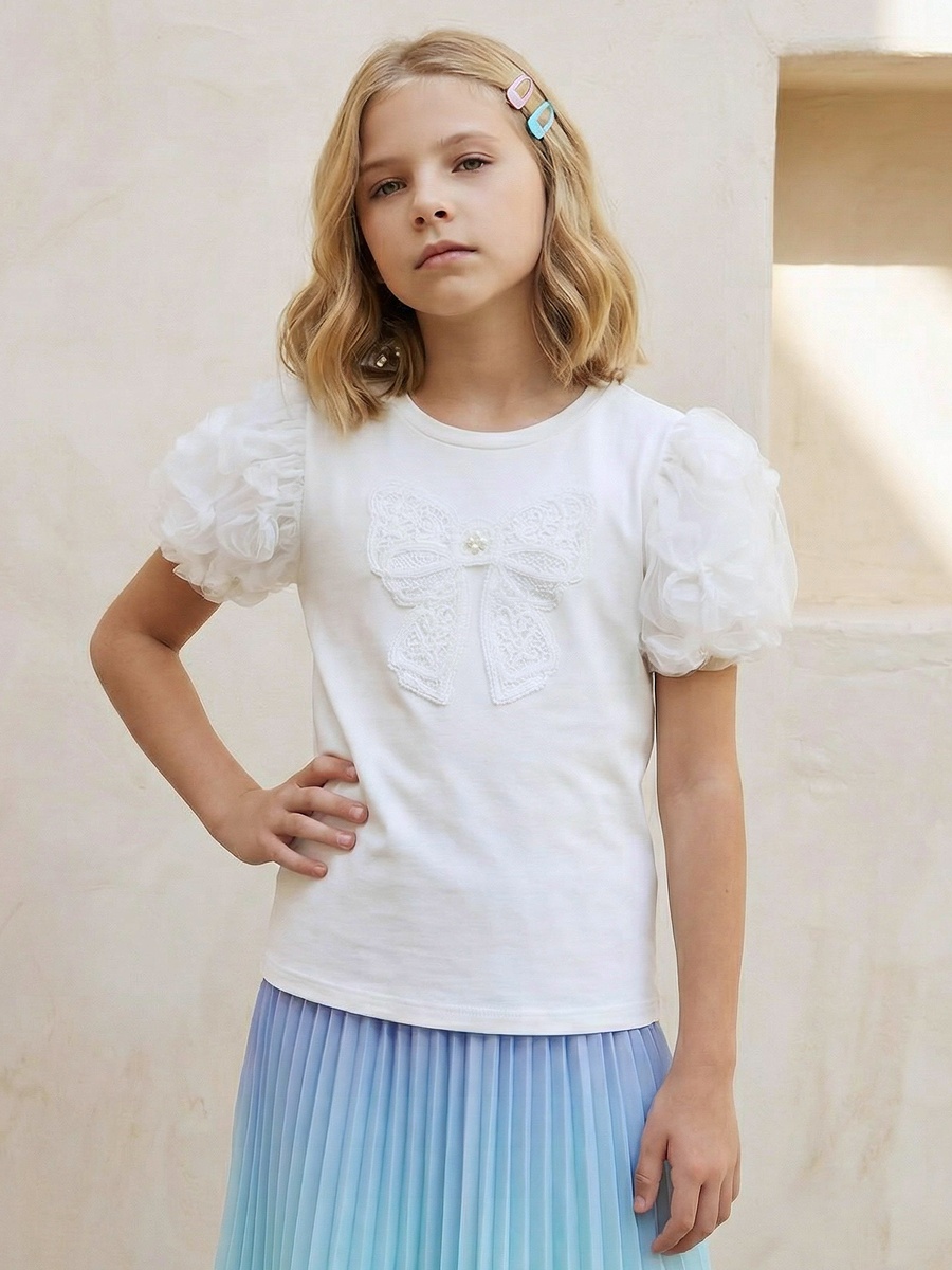 Crew Neck Short Sleeves Top with Bow Applique