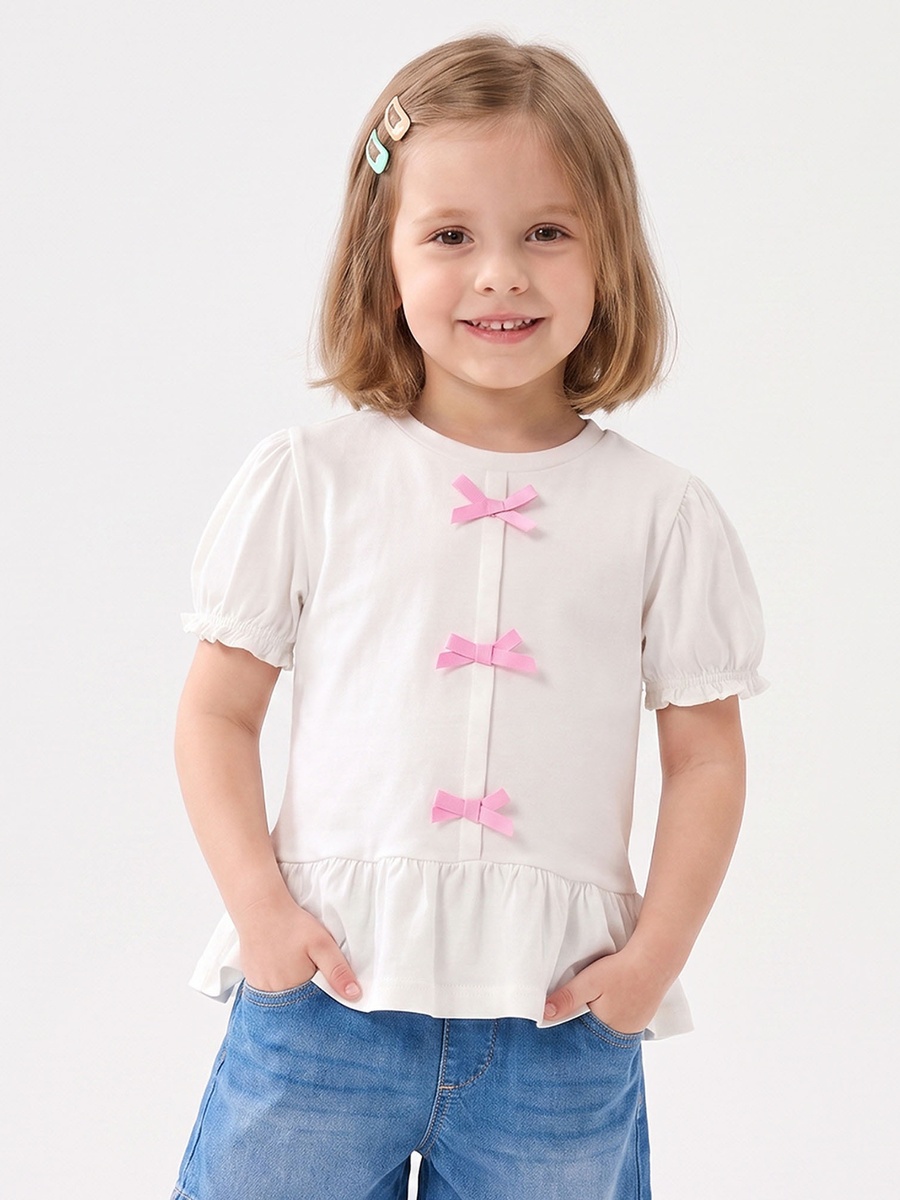 Crew Neck Short Sleeves Top with Bow Accent