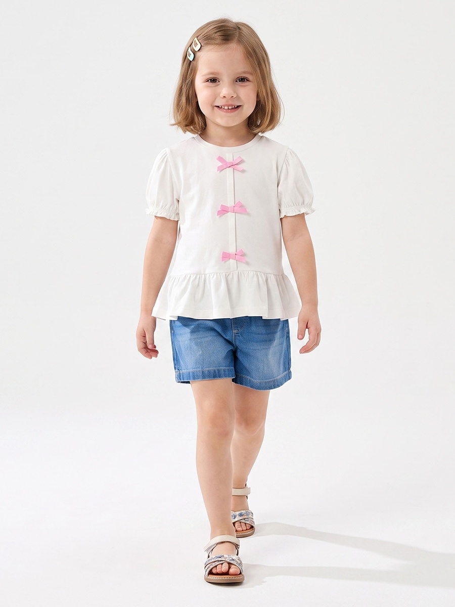 Crew Neck Short Sleeves Top with Bow Accent