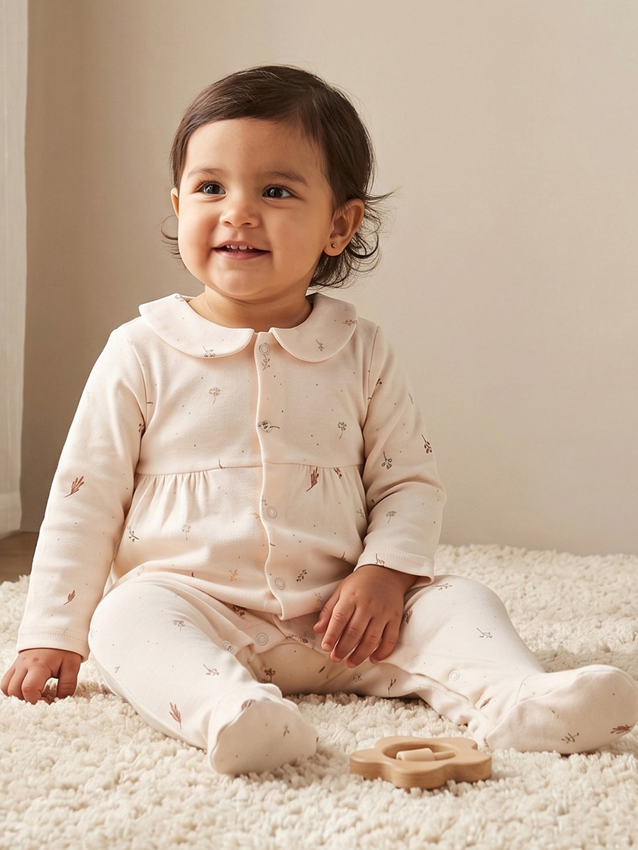 Cotton Collared Long Sleeves Sleepsuit with Botanical Print