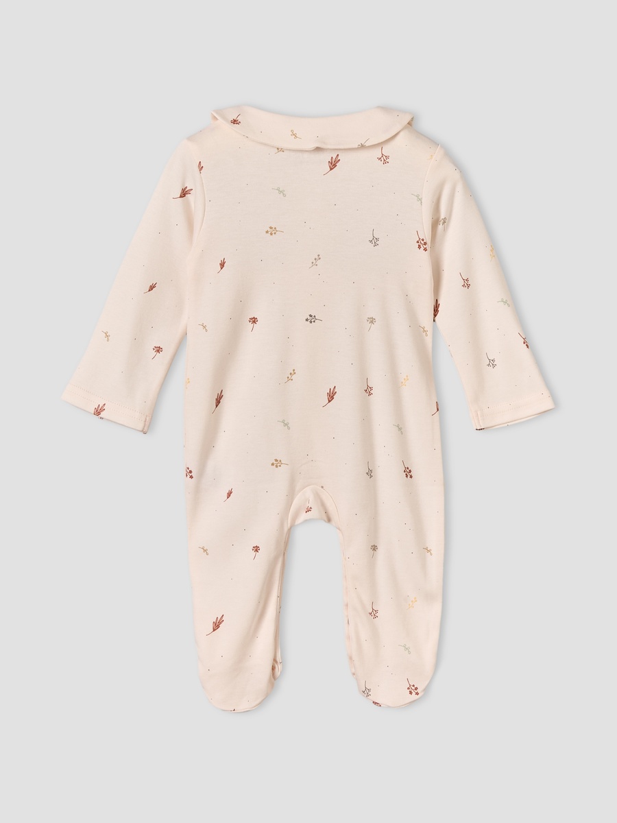 Cotton Collared Long Sleeves Sleepsuit with Botanical Print