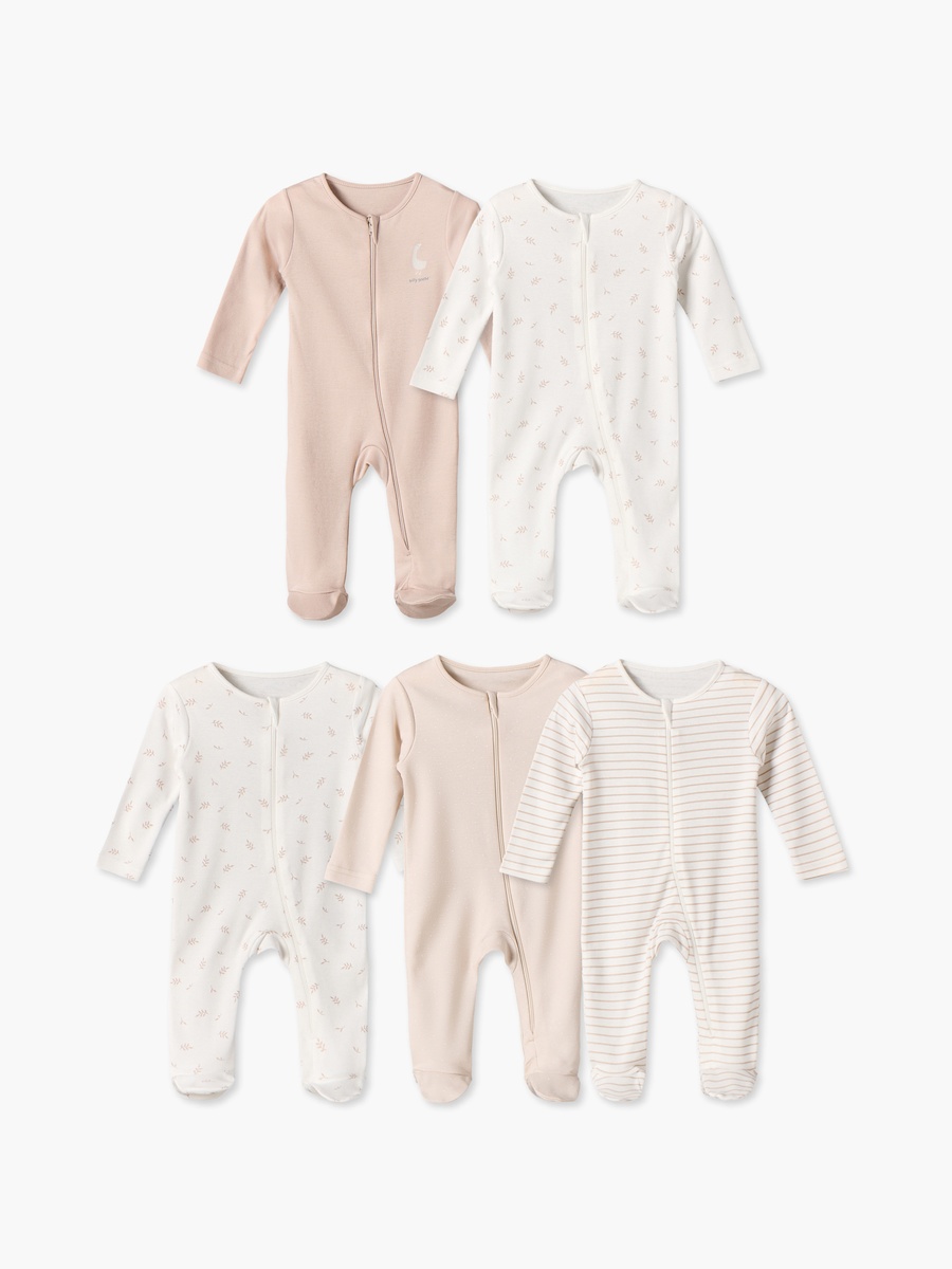 Pack of 5 Cotton Crew Neck Long Sleeves Sleepsuit with Zip Closure