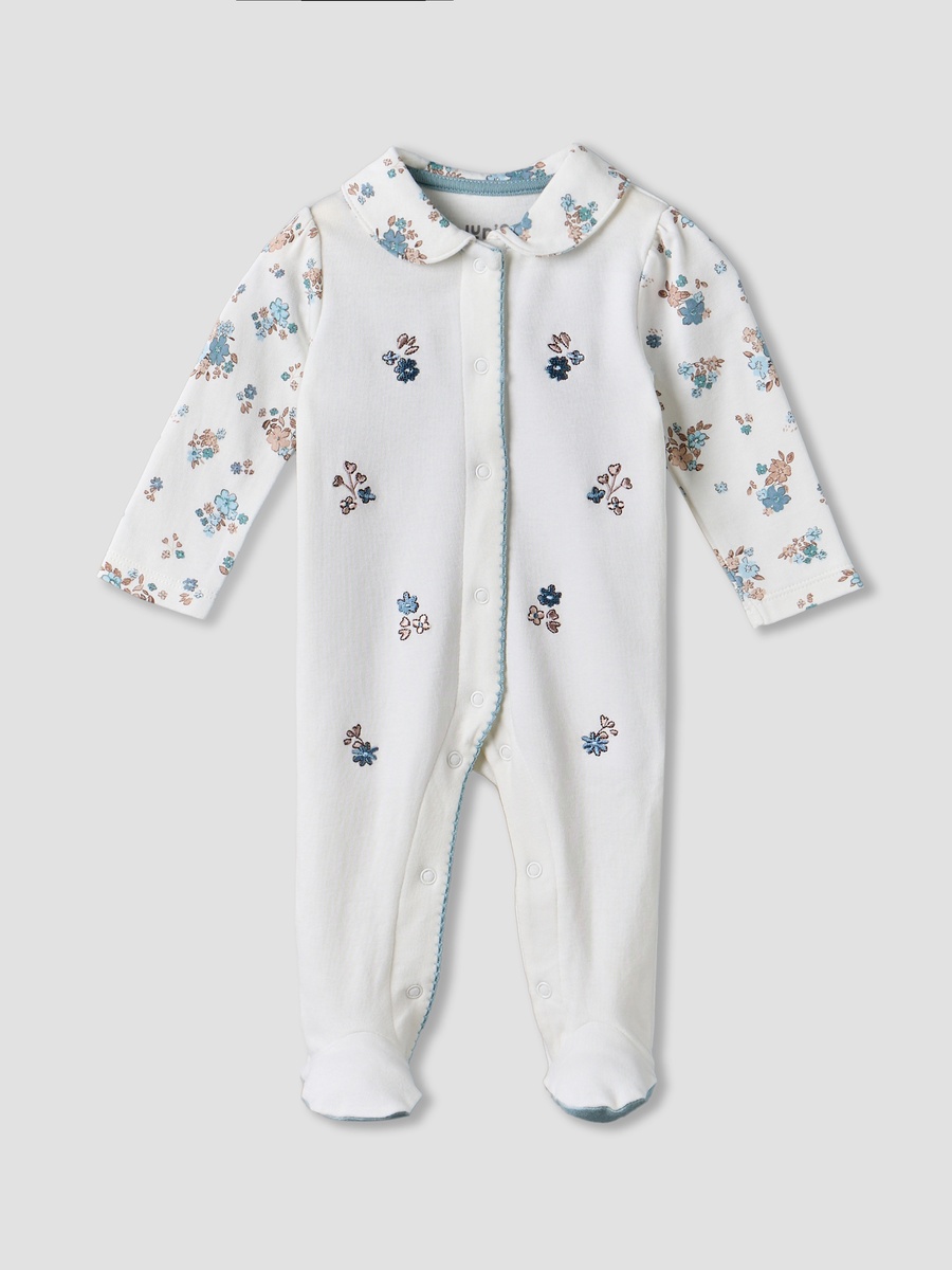 Cotton Collared Long Sleeves Sleepsuit with Floral Print