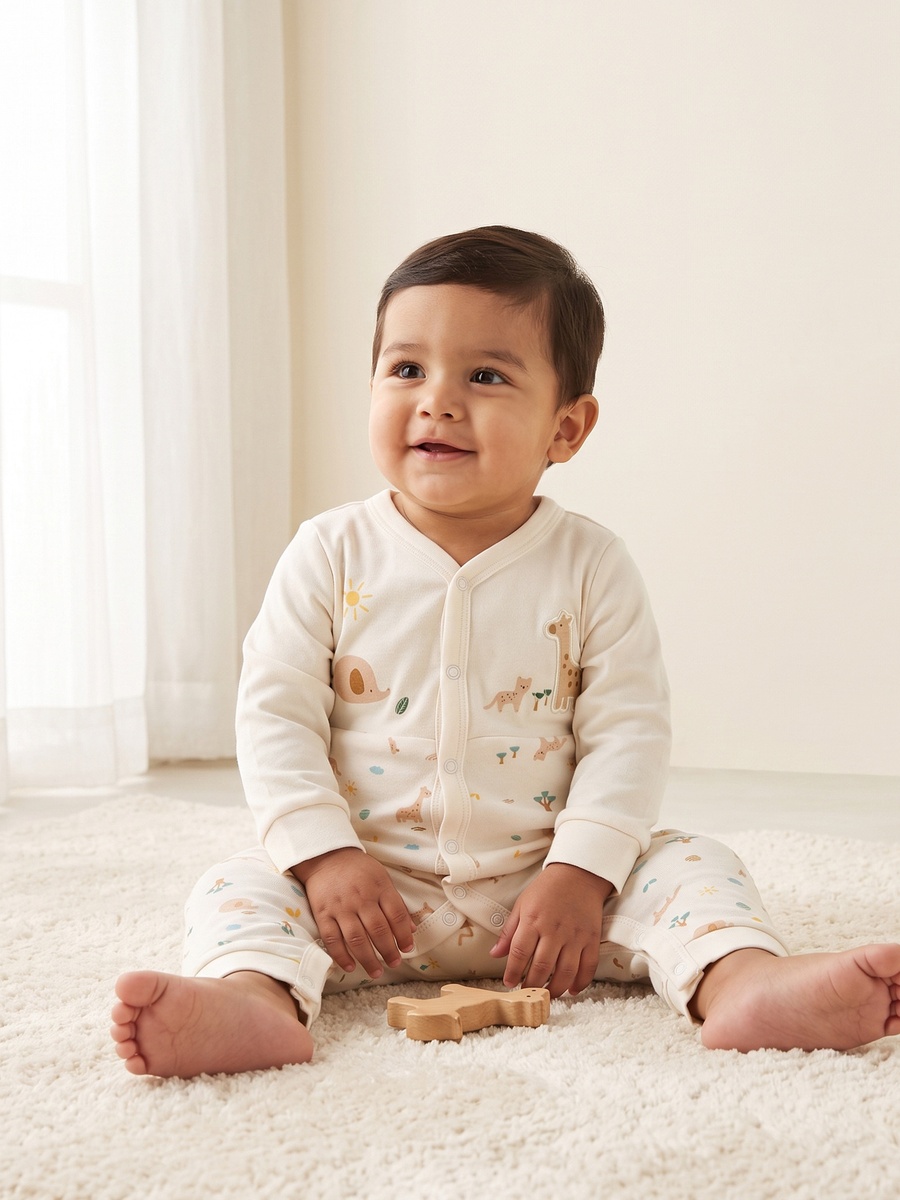 Cotton V Neck Long Sleeves Sleepsuit with Safari Print