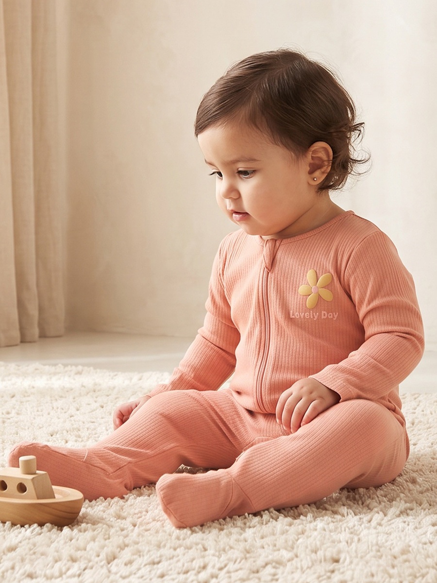 Pack of 3 Cotton Round Neck Long Sleeves Sleepsuit with Floral Print