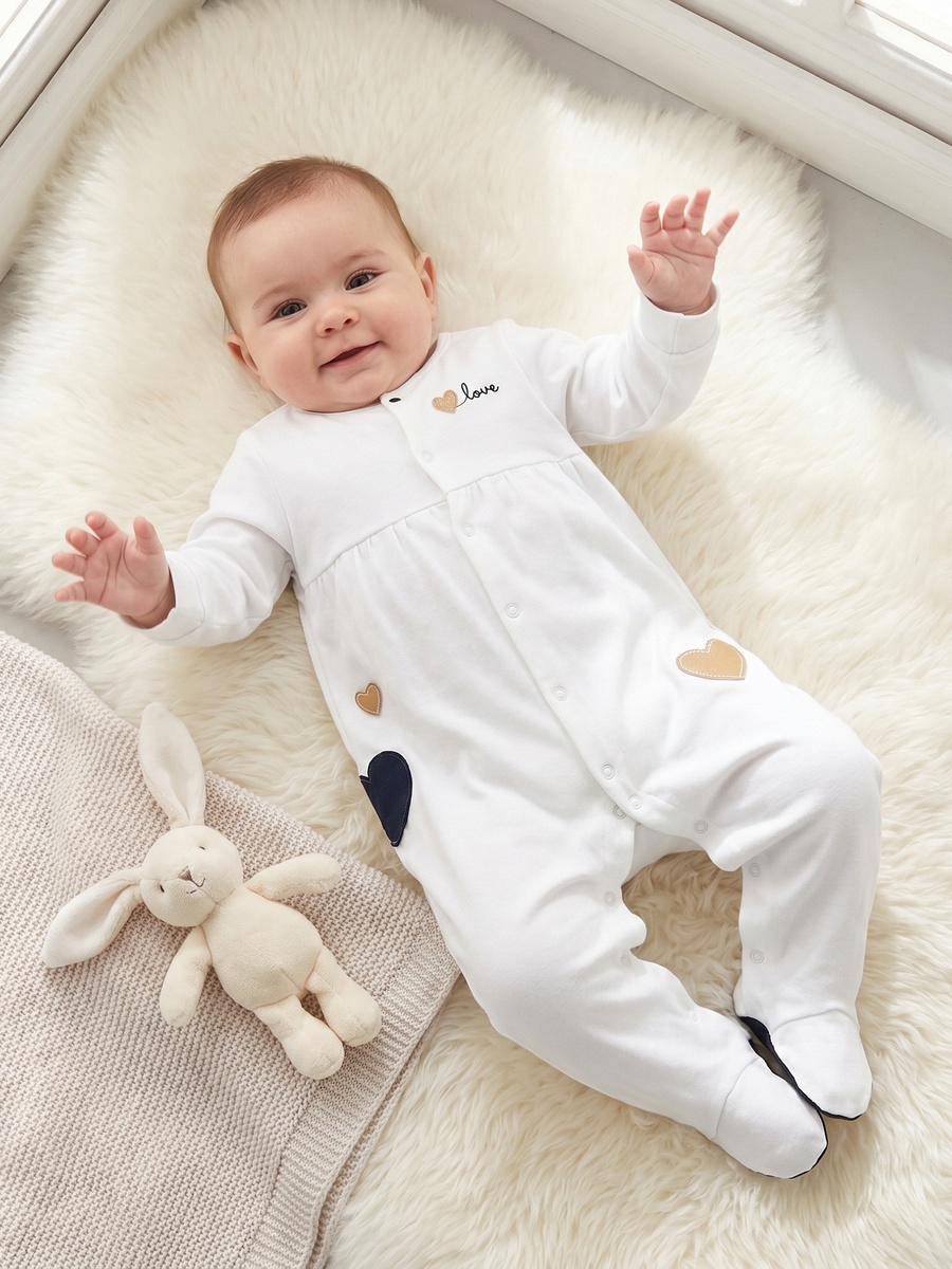 Cotton Round Neck Long Sleeves Sleepsuit with Snap Button Closure
