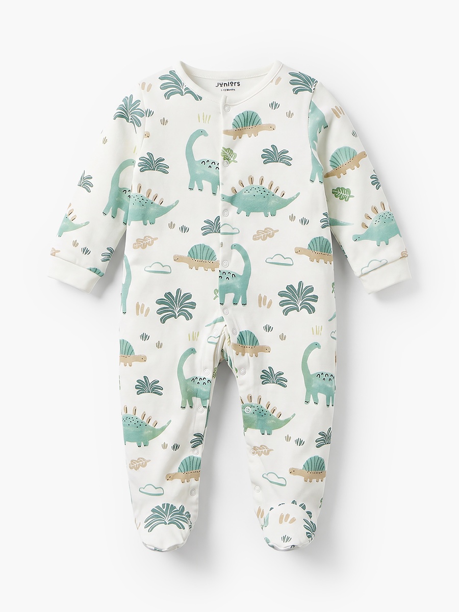 Pack of 2 Cotton Crew Neck Long Sleeves Sleepsuit with Dinosaur Print