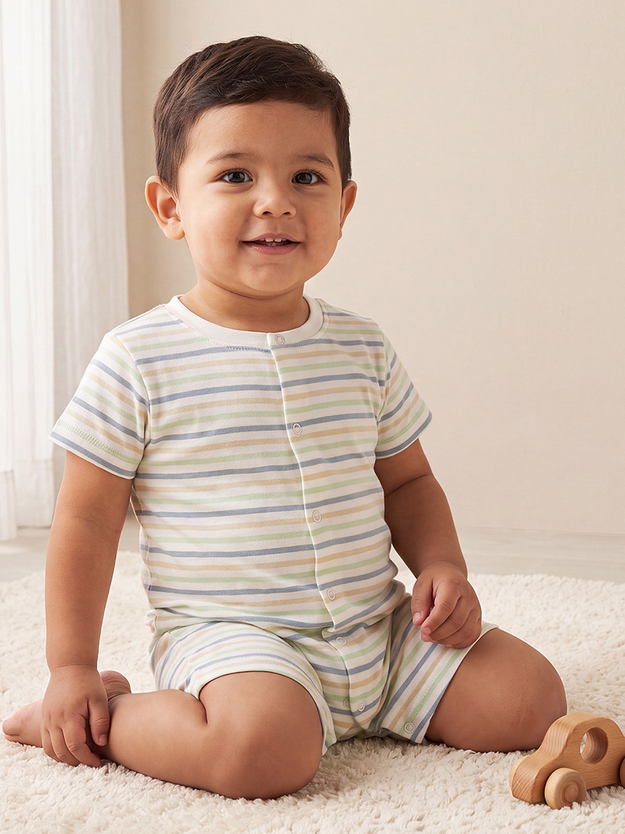 Set of 2 Cotton Crew Neck Sleepsuit with Romper