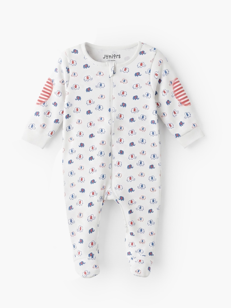 Cotton Crew Neck Long Sleeves Sleepsuit with Elephant Print