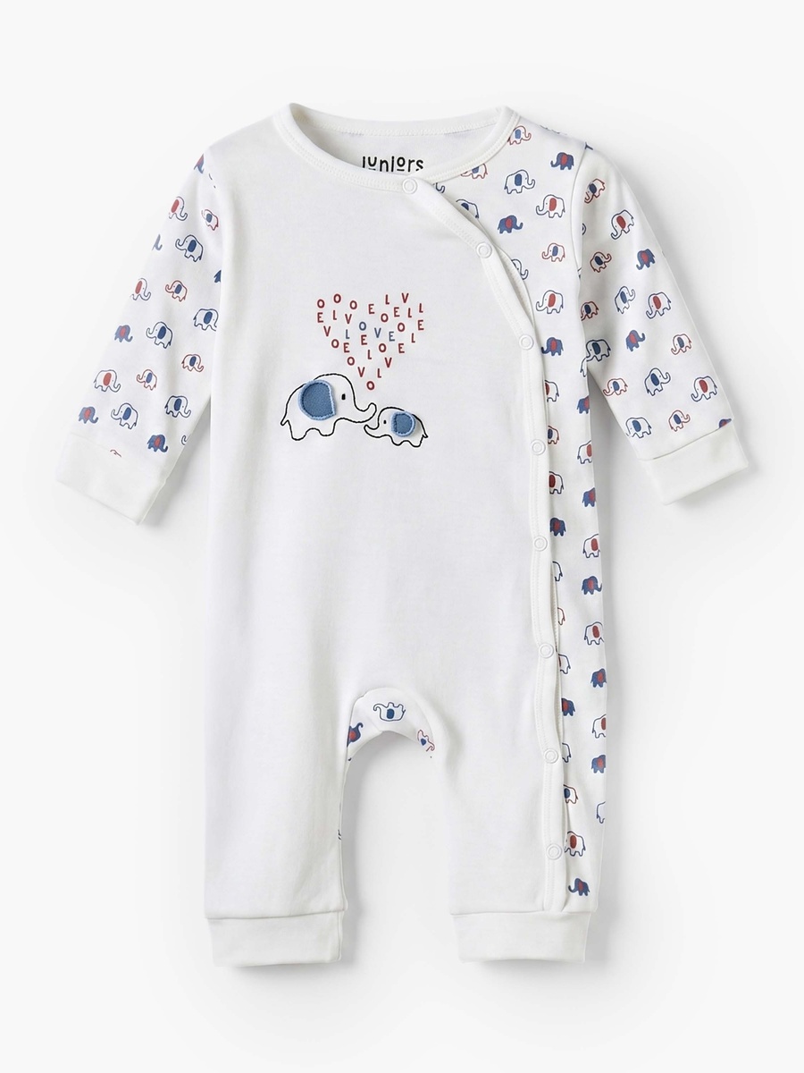 Cotton Crew Neck Long Sleeves Sleepsuit with Elephant Print