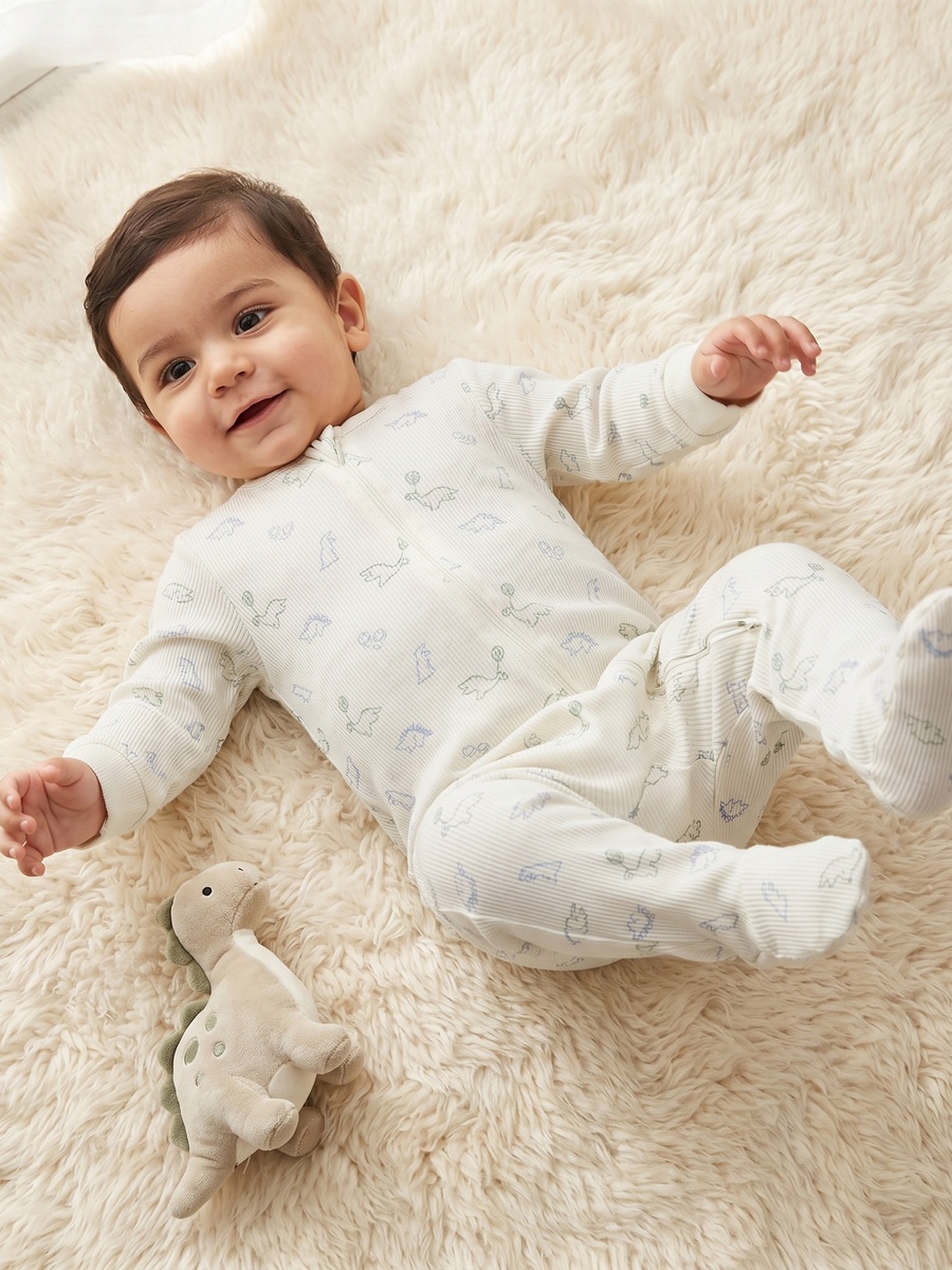 Cotton Round Neck Long Sleeves Sleepsuit with Dinosaur Print