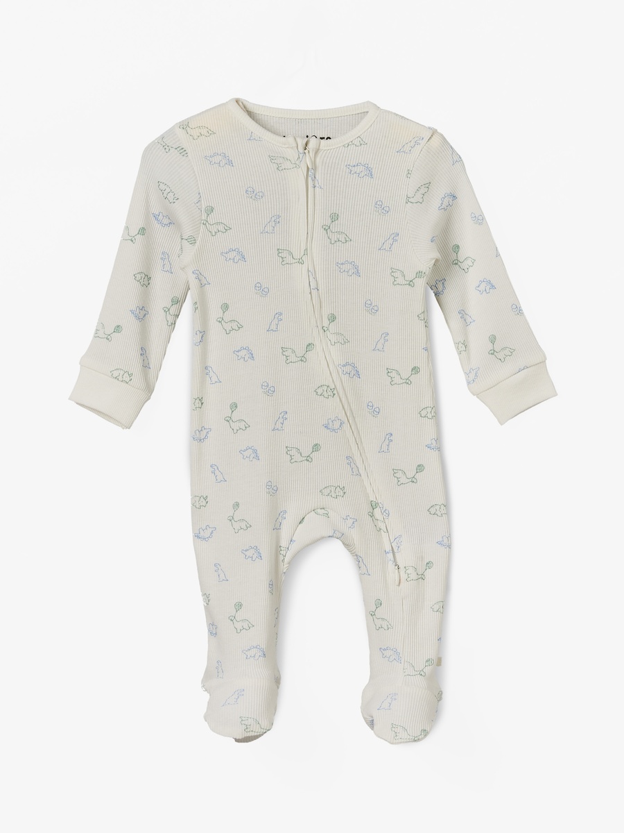 Cotton Round Neck Long Sleeves Sleepsuit with Dinosaur Print