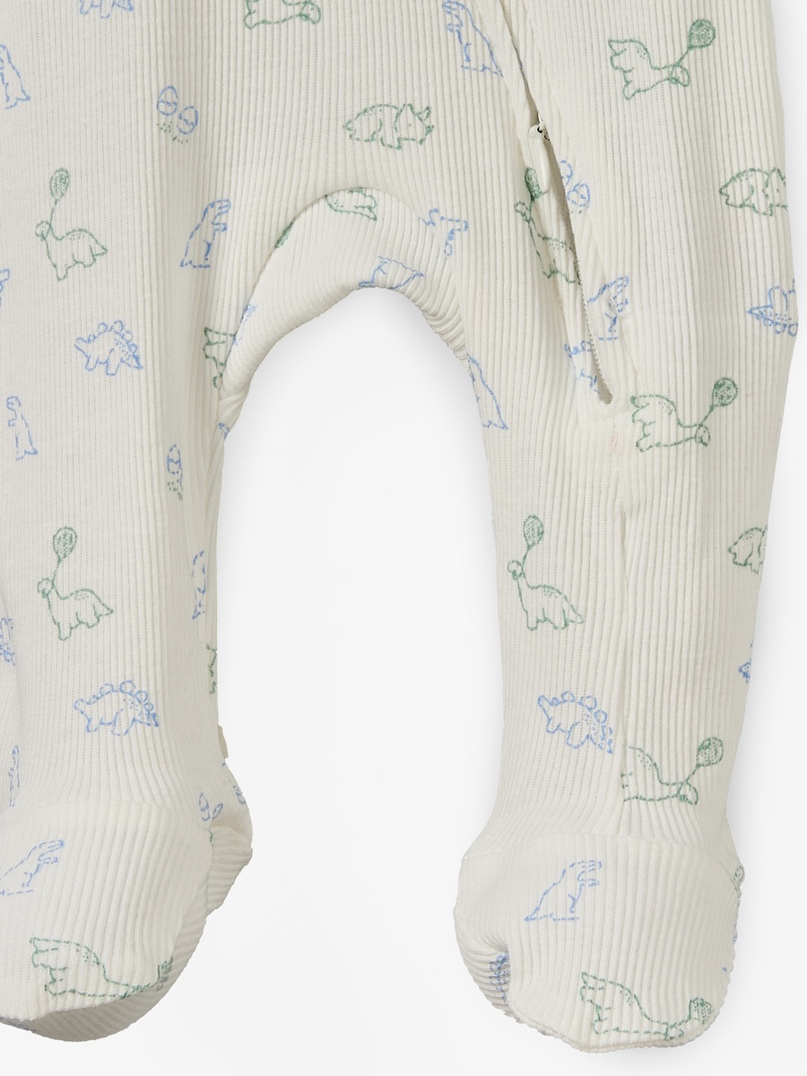 Cotton Round Neck Long Sleeves Sleepsuit with Dinosaur Print