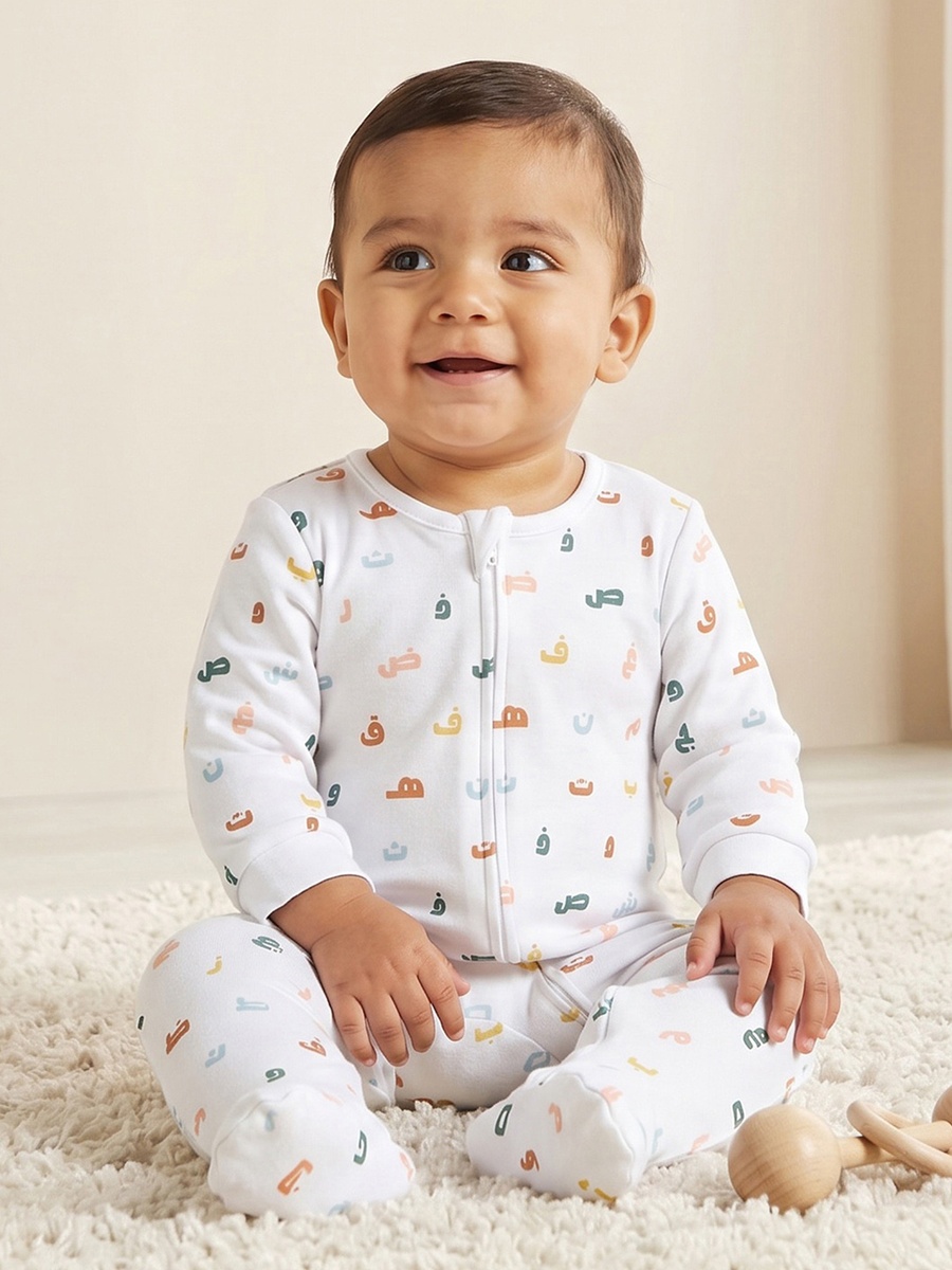 Cotton Crew Neck Long Sleeves Sleepsuit with Alphabet Print