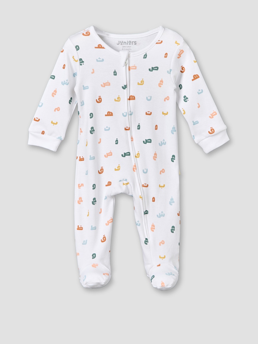 Cotton Crew Neck Long Sleeves Sleepsuit with Alphabet Print
