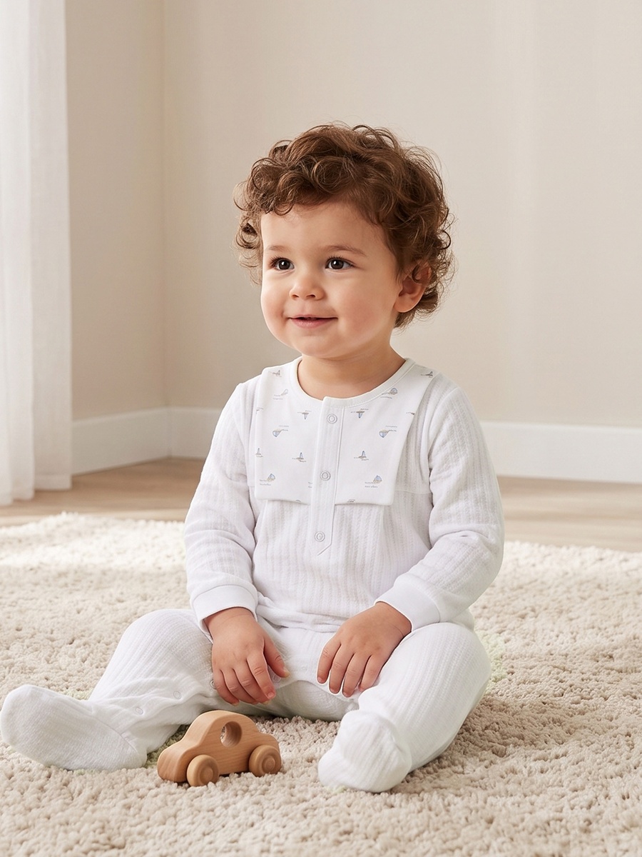 Cotton Round Neck Long Sleeves Sleepsuit with Ribbed Design