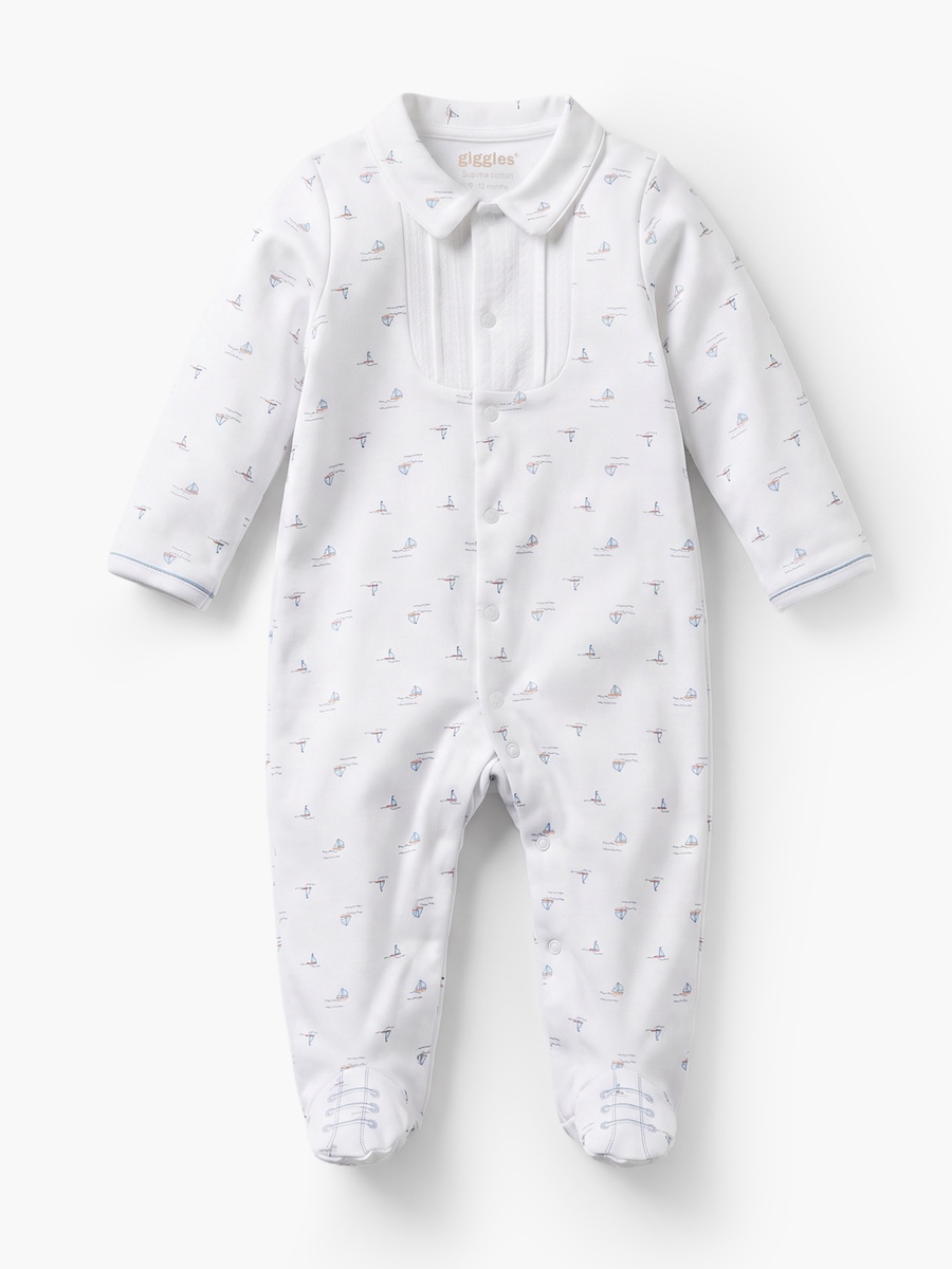 Cotton Collared Long Sleeves Sleepsuit with Boat Print