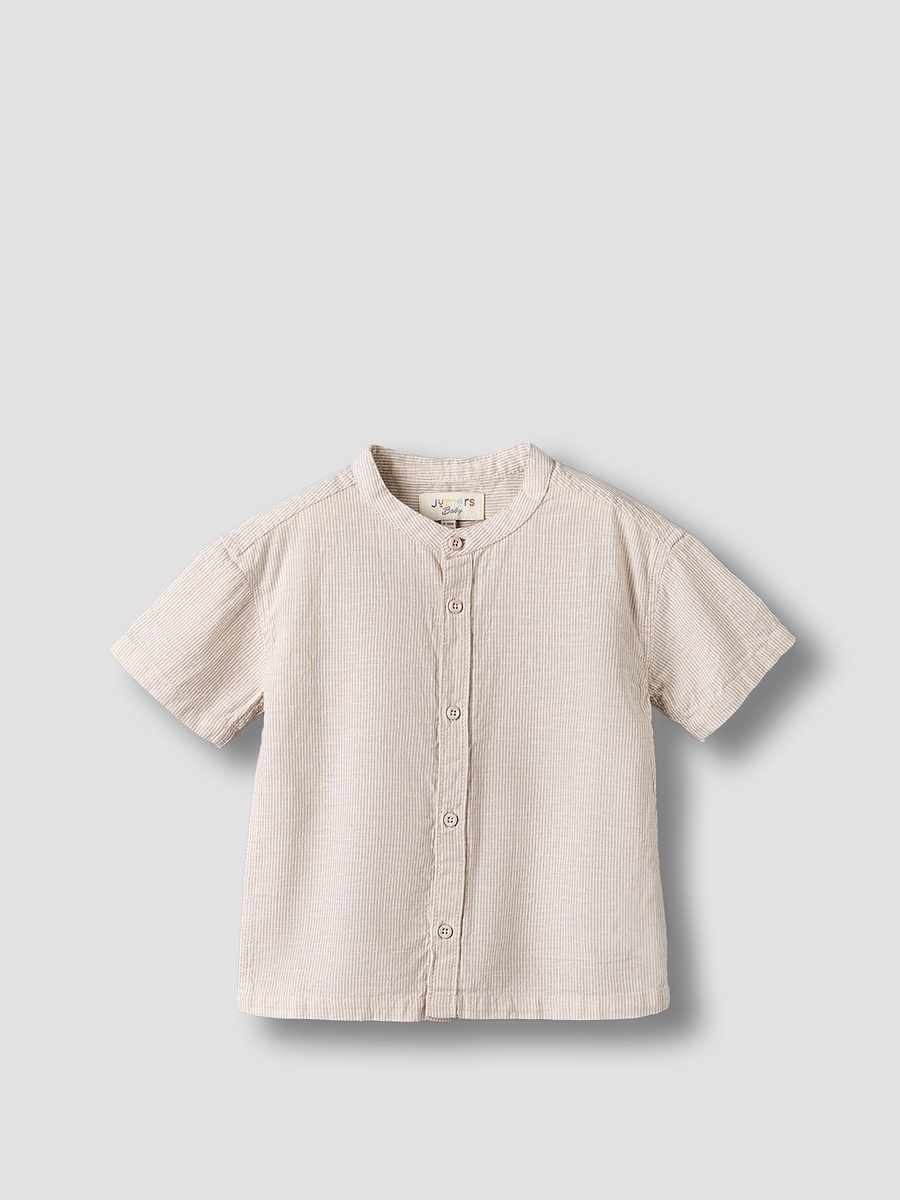 Mandarin Collar Short Sleeves Shirt with Stripes