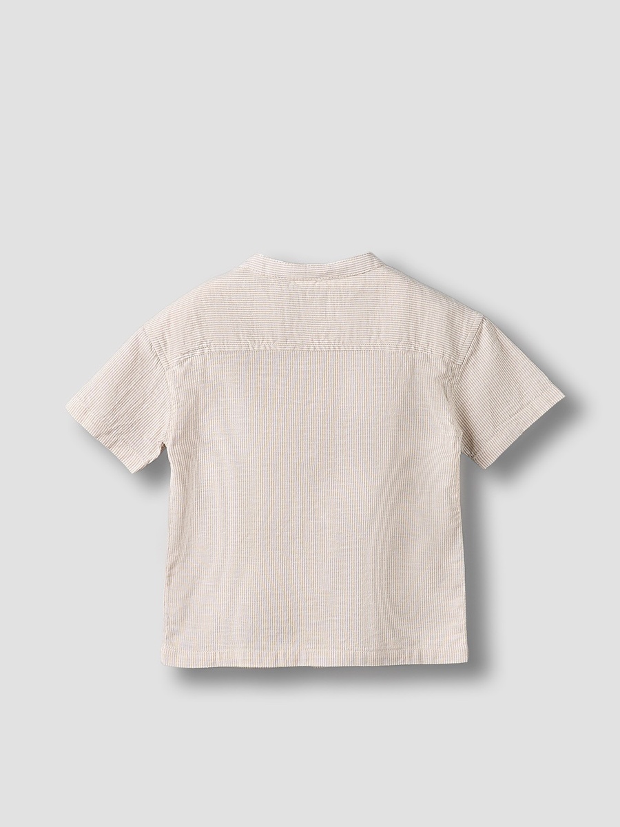 Mandarin Collar Short Sleeves Shirt with Stripes