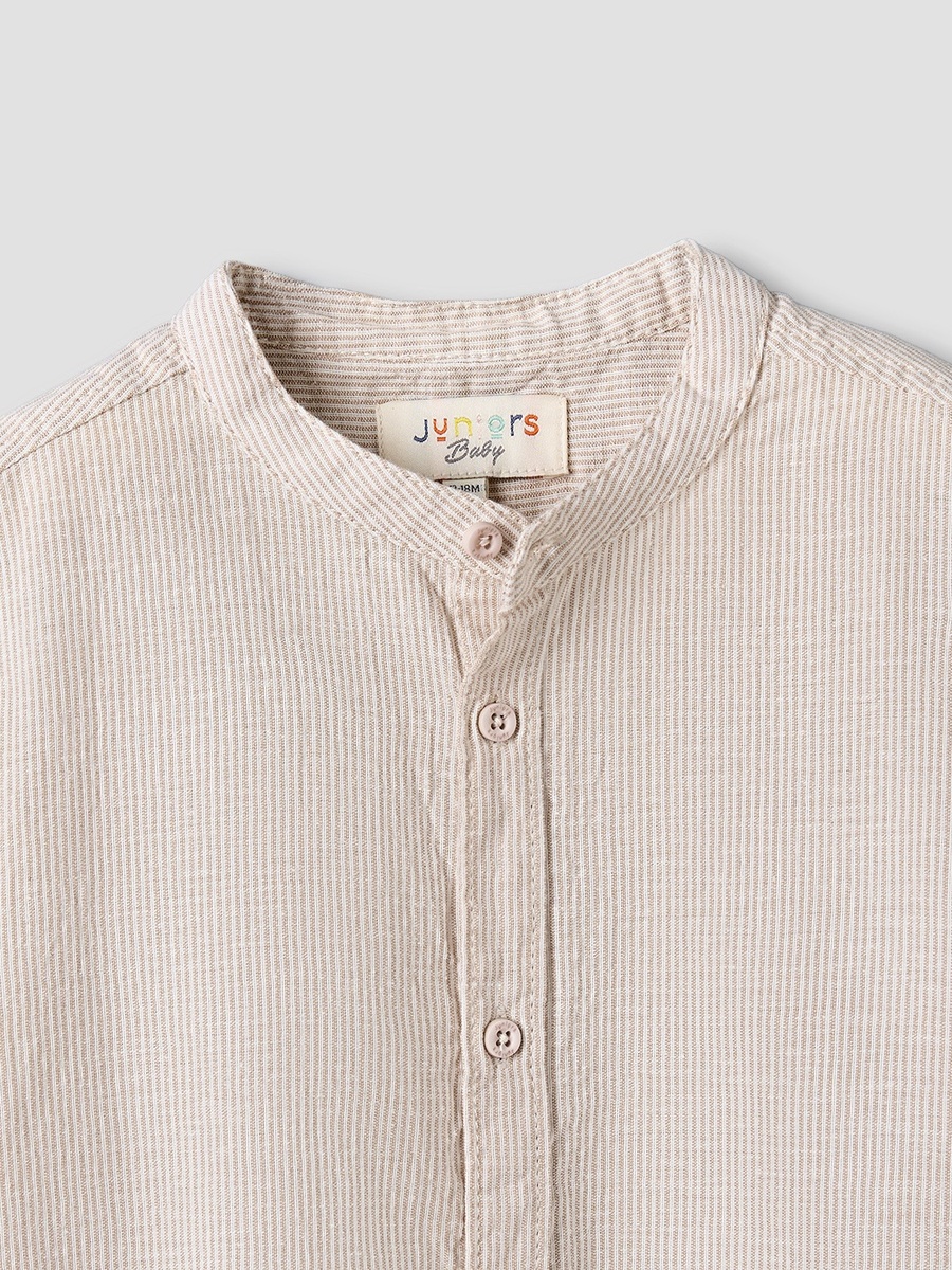 Mandarin Collar Short Sleeves Shirt with Stripes