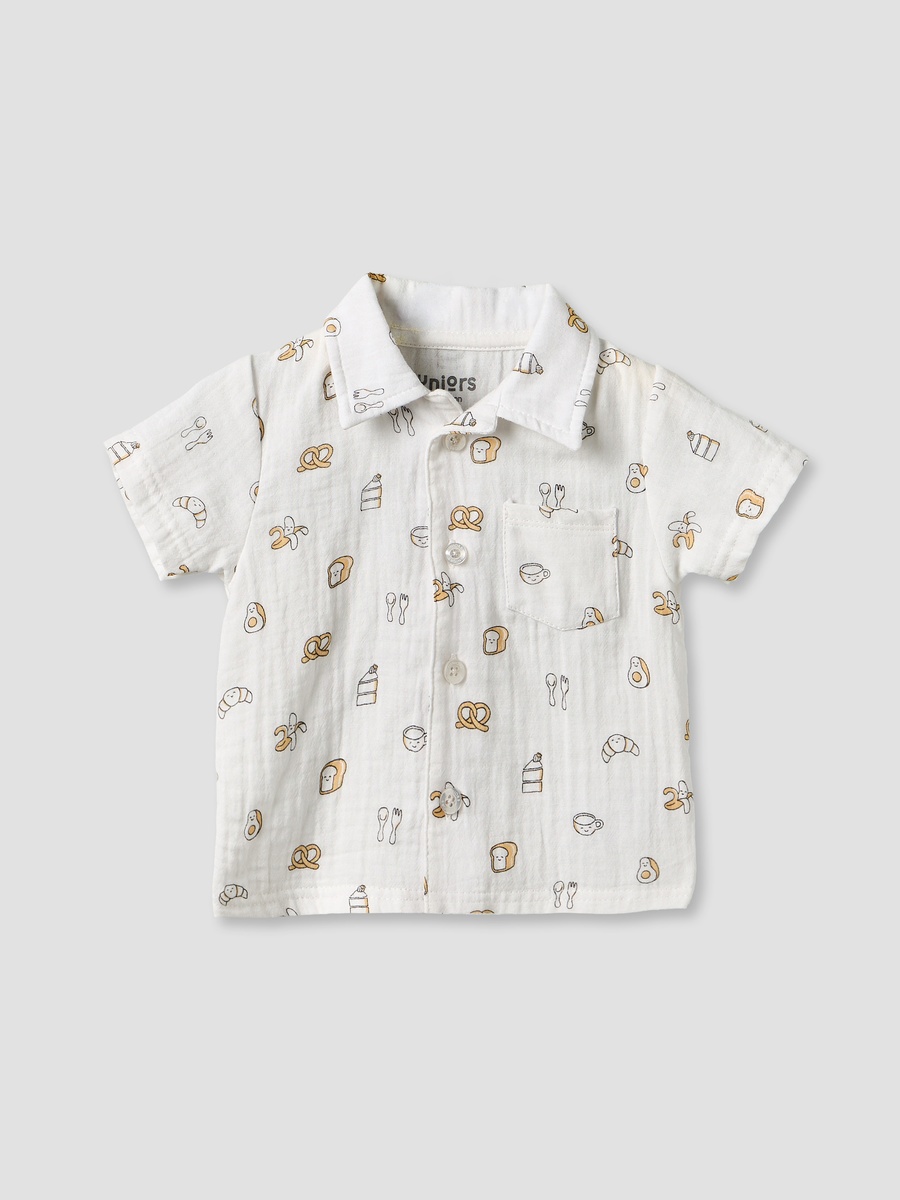 Collared Short Sleeves Shirt and Shorts Set with Breakfast Print