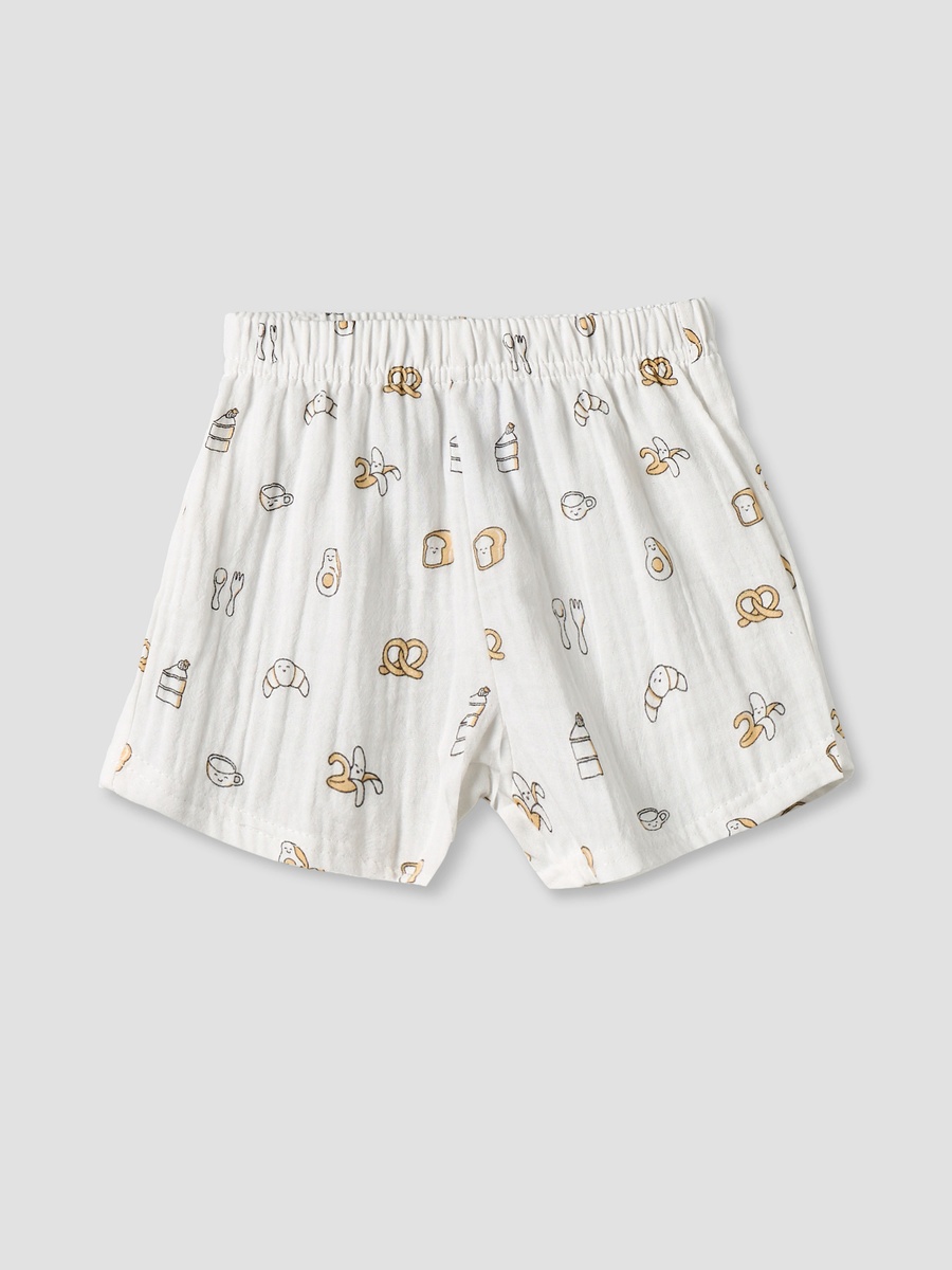 Collared Short Sleeves Shirt and Shorts Set with Breakfast Print