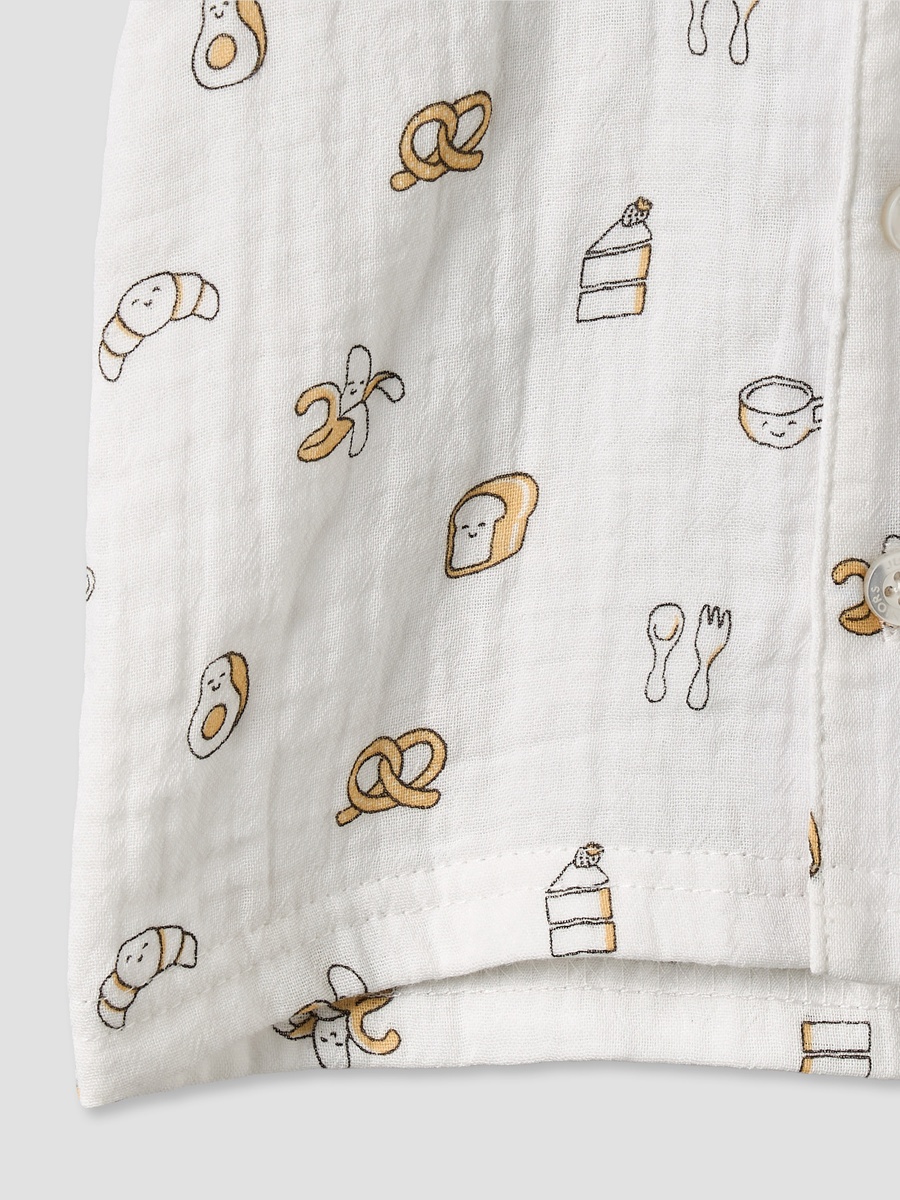 Collared Short Sleeves Shirt and Shorts Set with Breakfast Print